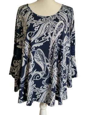 Navy & White Paisley Top